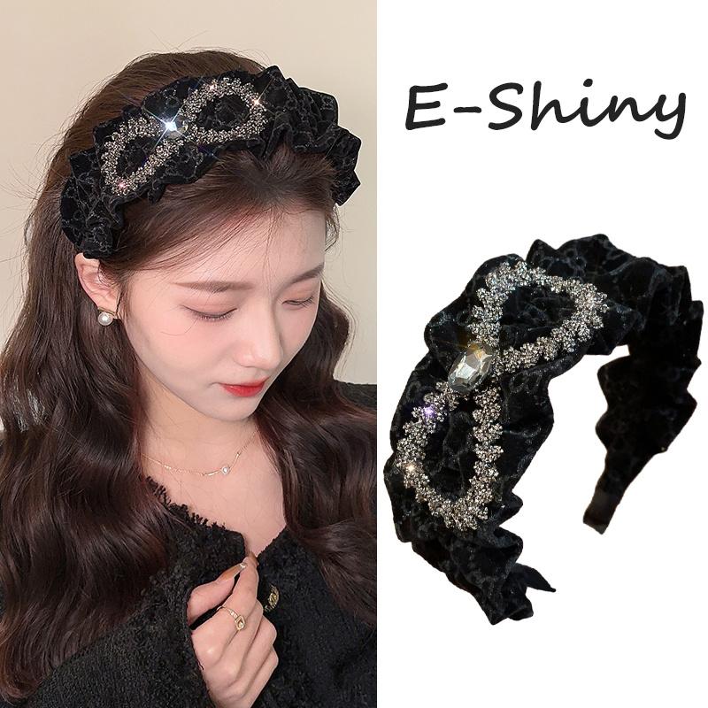 Bờm Tóc Rộng, Đính Đá Lấp Lánh, Nơ, Thanh Lịch, Băng Đô Xếp Ly Nhung Đen, Dành Cho Nữ