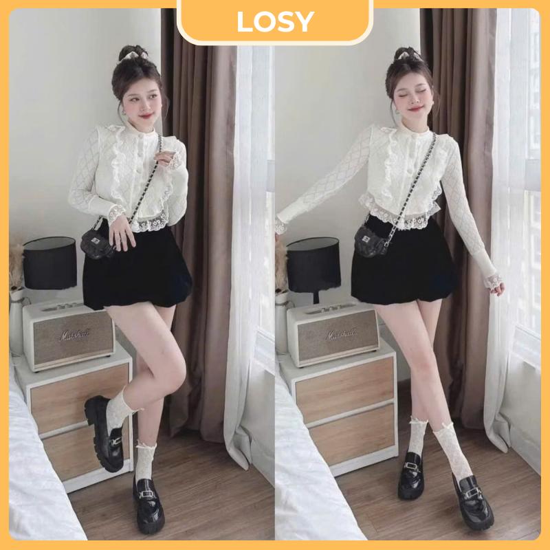  Sét Đồ Nữ Áo Len Xốp Viền Ren Mix Quần Nhung Dáng Bí Tiểu Thư 