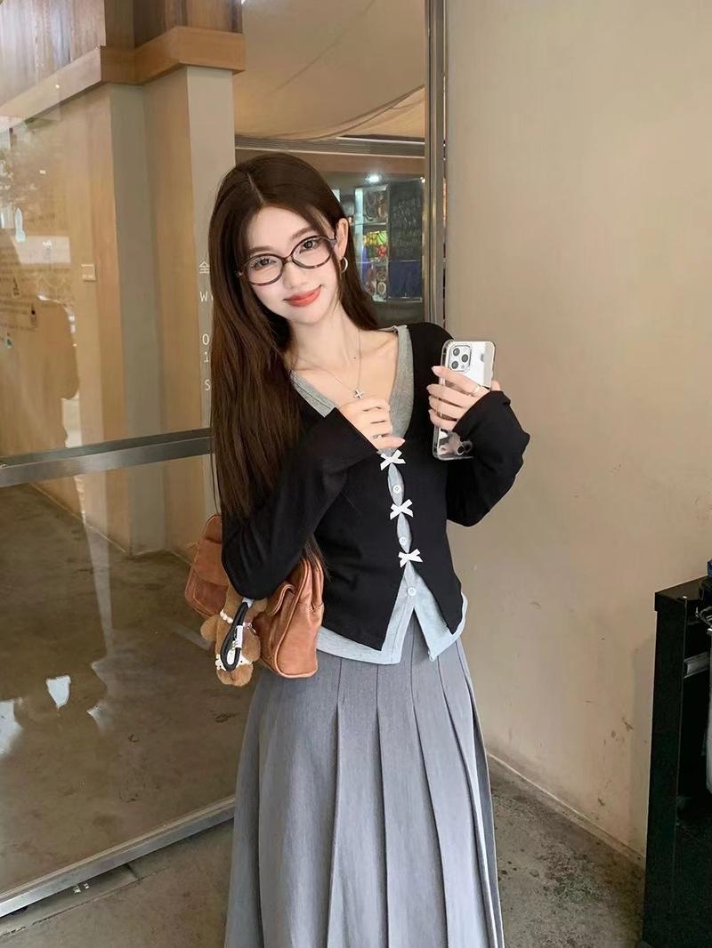 Product Introduction of Áo Thấp Eo Có Nơ, Hàng Mới Về Đầu Thu, Thanh Lịch, Hai Mảnh Giả, Màu Tương Phản, Dài Tay, Phong Cách Quý Cô 3