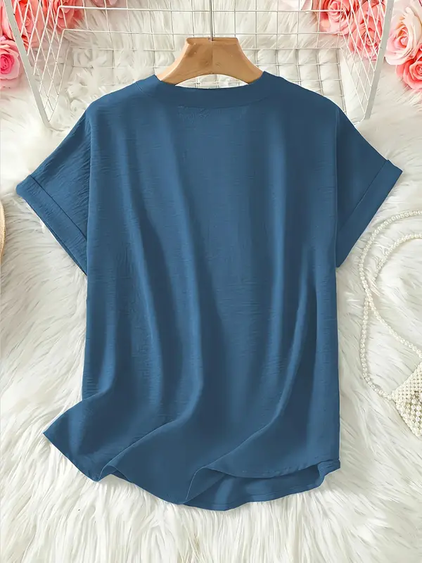 【Plus Size】 Solid Notched Neck Blouses, Casual Top for Summer, Women's Clothing for Daily Wear 8