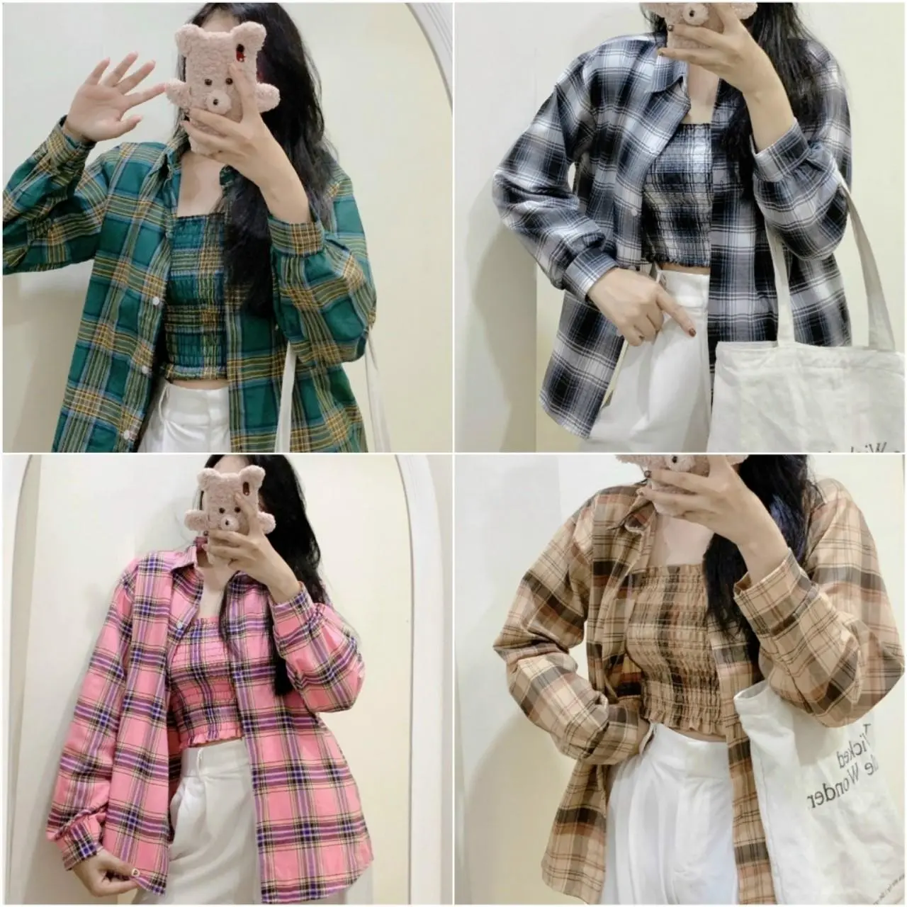 Combo Set Áo Khoác Sơ Mi Caro Tay Dài Cổ Bẻ Unisex Phối Áo Ống Dây Chun Nữ Lót Bên Trong - Chất Vải Kate Đi Biển , Chơi , Học Top Màu xanh , Hồng , Đen , Vàng  Women Jacket Chống Nắng  Có Cổ