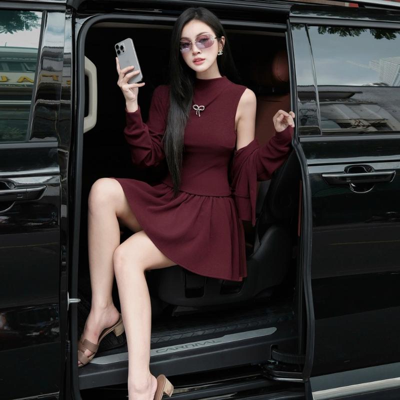  Set 3 món Khiết áo váy xòe thun đỏ đô phối cardigan phong cách daily trẻ trung năng động KS380A 