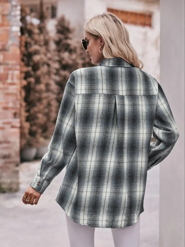 Women's Tartan Print Button Front Pocket Shirt, Casual Drop Shoulder Long Sleeve Top for Fall & Winter, Women's Clothes for Daily Wear 7