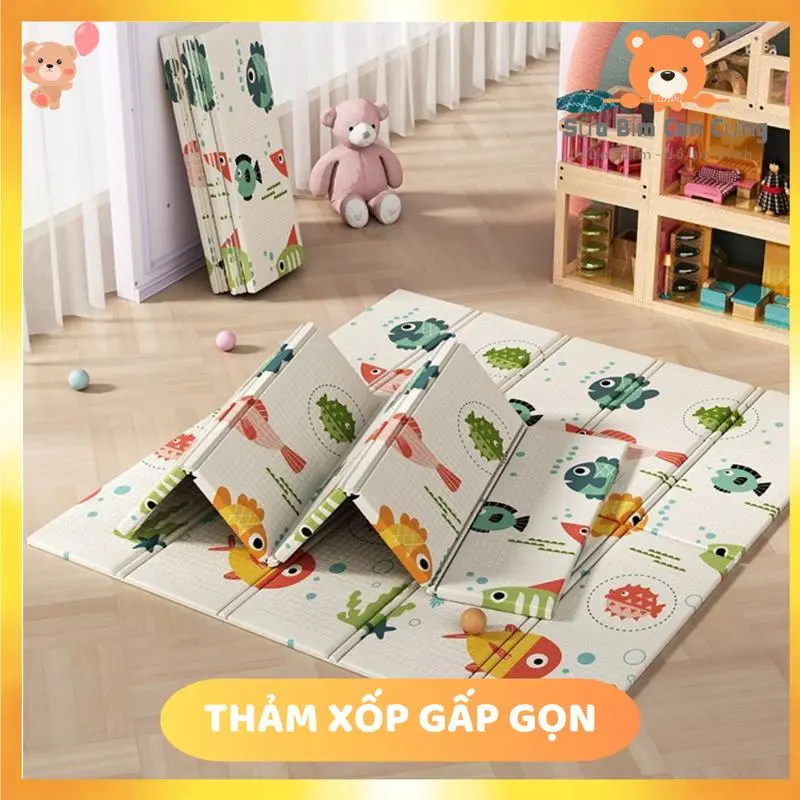 Thảm Xốp Cho Bé Gấp Gọn 2 Mặt Khác Nhau Kích Thước 1m8x2m Dày 6mm Chất Liệu Xốp XPE Chống Thấm Lau Chùi Dễ Dàng Đồ Chơi, XUXU MIU