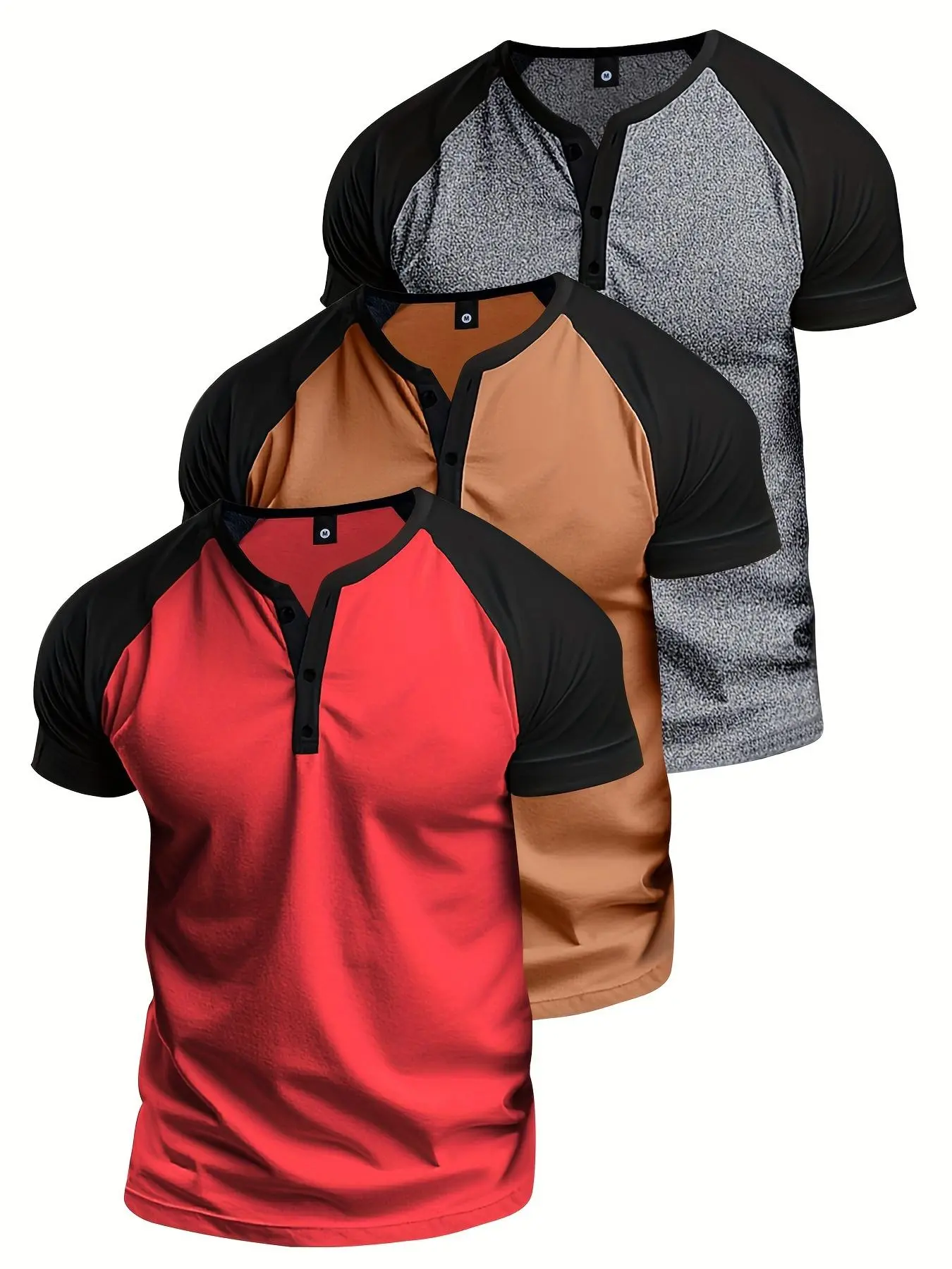 Men's Colorblock Raglan Sleeve Henley Shirt, Regular Fit Casual Shortsleeve Half Button T-shirt for Summer, Fashion Men's Streetwear Top for Daily Wear, Menswear