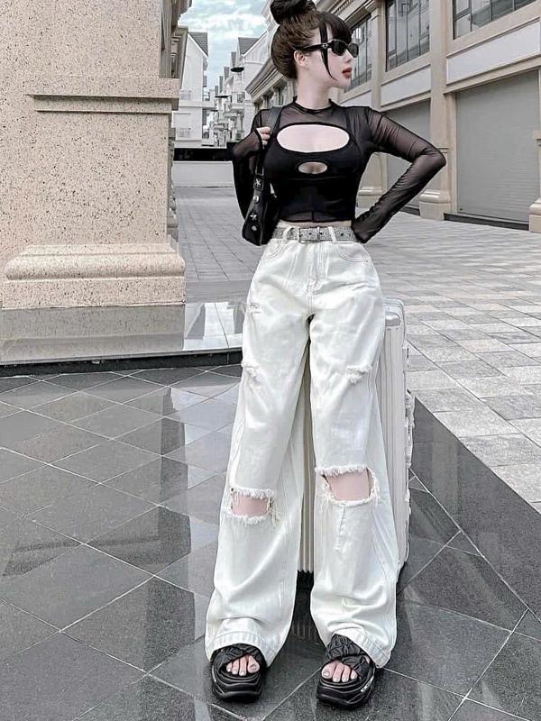 QUẦN JEAN ỐNG RỘNG NỮ LƯNG CAO RÁCH CÀO HAI ĐẦU GỐI MÀU TRẮNG HACK DÁNG CÁ TÍNH PHÁ CÁCH VẢI XỊN SÒ