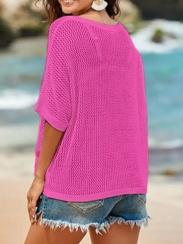 Women's Floral Pattern Crochet Sweater, Casual Half Sleeve Knit Top for Summer, Fashion Women's Knitwear for Daily Wear 8