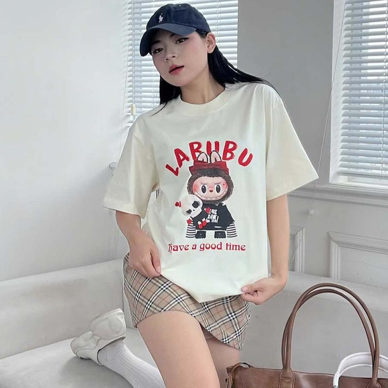 Áo thun Junos in hình LABUBU Chestnut Cocoa cotton nữ siêu cute kiểu unisex form oversize cổ tròn top Women. 3