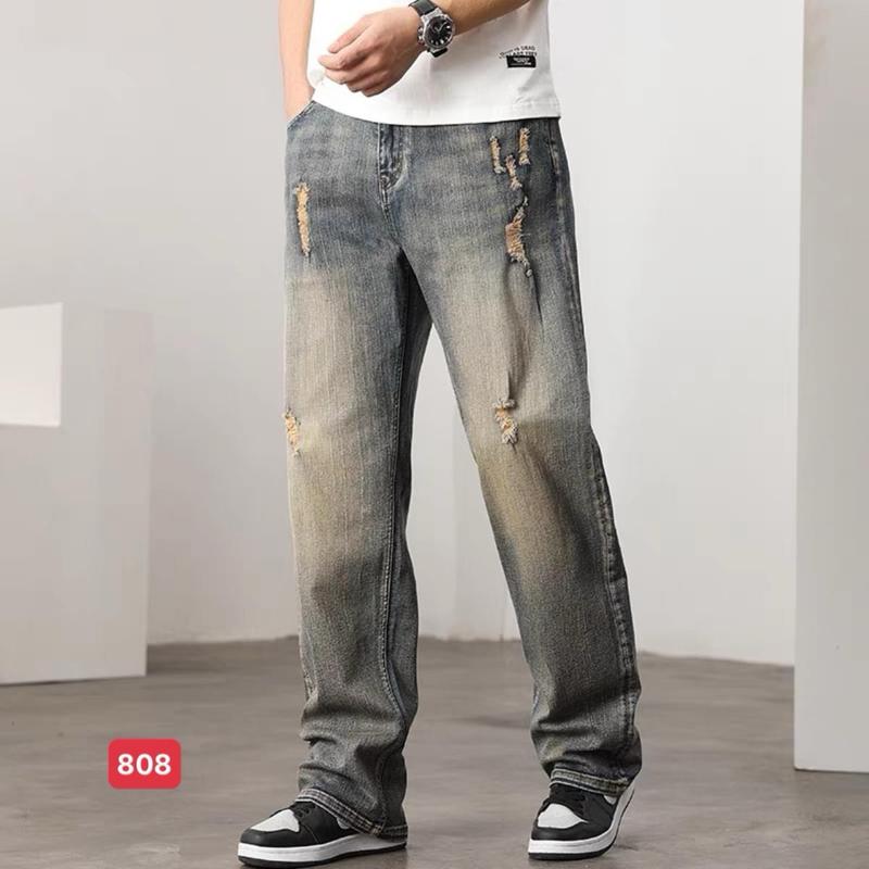 Quần baggy jeans nam xanh đậm rách gối chất bò co dãn nhẹ form dáng rộng ống suông QB808 kiểu mới Menswear Pants Có Túi