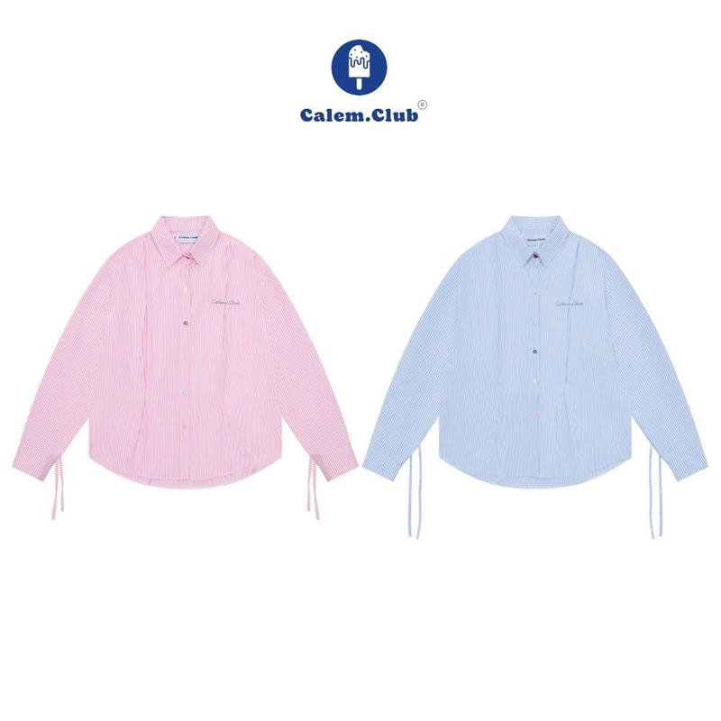 Calem club - Áo sơ mi Khoác Ngoài tay dài phối dây cột nơ COLORFUL BUTTON thêu Calem áo sơ mi kẻ sọc Nữ Women Top Shirt áo sơ mi kiểu nữ