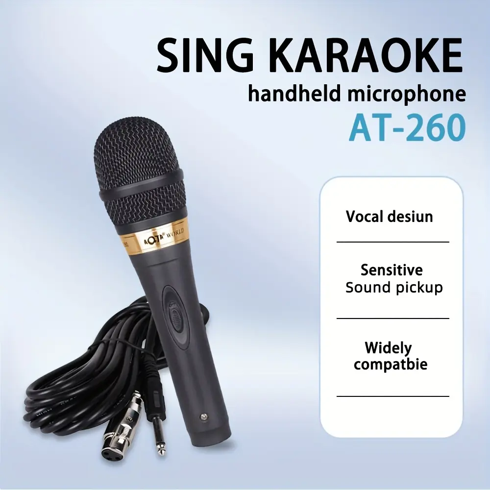 AT-260 Professional Handheld Dynamic Microphone with 6.35mm Jack - Clear Sound Pickup, Sensitive Sound Capture, Black Aluminum Alloy Design - Perfect for Karaoke, Speeches, Live Streaming, Karaoke Microphone | Sleek Black Microphone