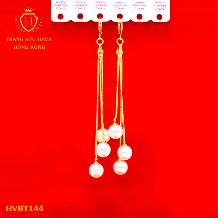 Khuyên Tai Nữ Titan, Bông Tai Ngọc Trai Loại 3 Hột Xi Mạ Vàng 24k Cao Cấp - Trang Sức Hava Hong Kong - HVBT144 0