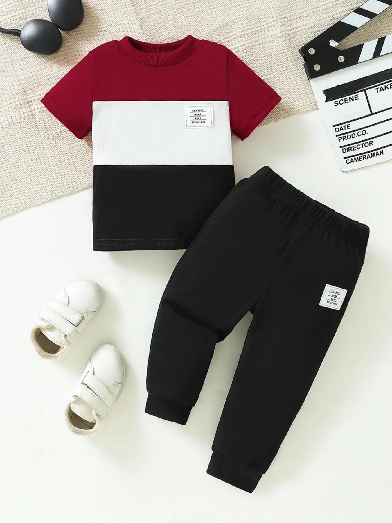 Baby's Colorblock Patched Short Sleeve Tee & Elastic Waist Pants Two-Piece Set, Casual Round Neck T-shirt & Trousers for Summer, Infant Toddler Kids Clothes for Daily Wear