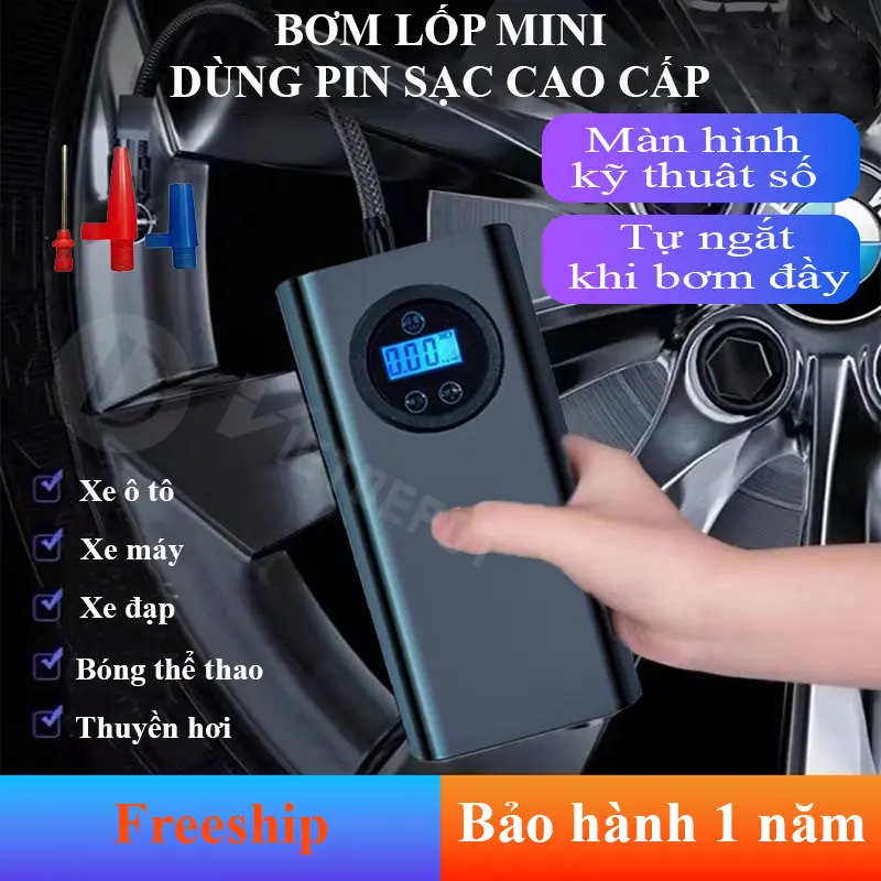 Máy bơm lốp mini cầm tay dùng pin sạc cao cấp Viet Depot, đa chức năng, thiết kế nhỏ gọn, theo dõi áp suất lốp, tự ngắt khi bơm đầy. Bơm lốp xe ô tô, Bơm hơi xe  ô tô, Bơm hơi dùng pin, Bơm hơi nén khí, Bơm xe đạp, Bơm xe máy, Bơm xe điện, Bơm bong bóng