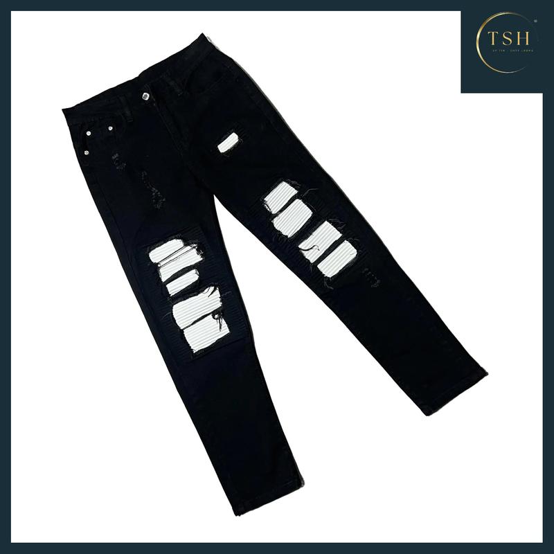 [ TSH ] - Mã Số QJN48 Quần jean nam vá da rách màu ĐEN có lót da trắng kiểu boy phố,chất liệu jean bò co giãn 4 chiều như hình chuẩn from dáng đủ size có nhiều mẫu mới dành cho nam ( HÌNH THẬT TỰ CHỤP) Pants Menswear