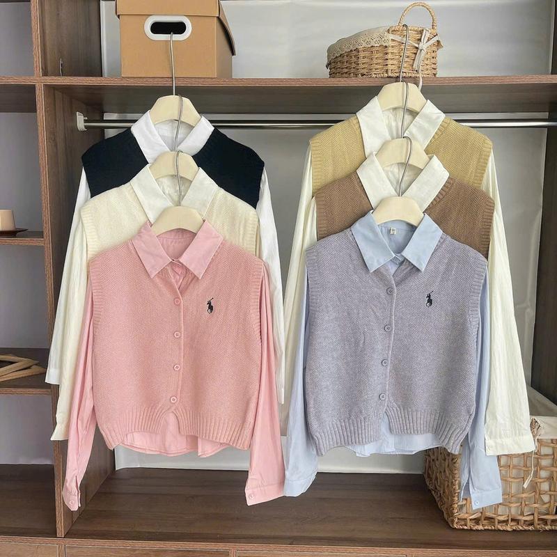 Set 2 Chi Tiết Áo Gile Phối Áo Sơ Mi Thêu Ngựa Phom Vừa Chất Len Gạo Hàng QC Minxu Shop CK12