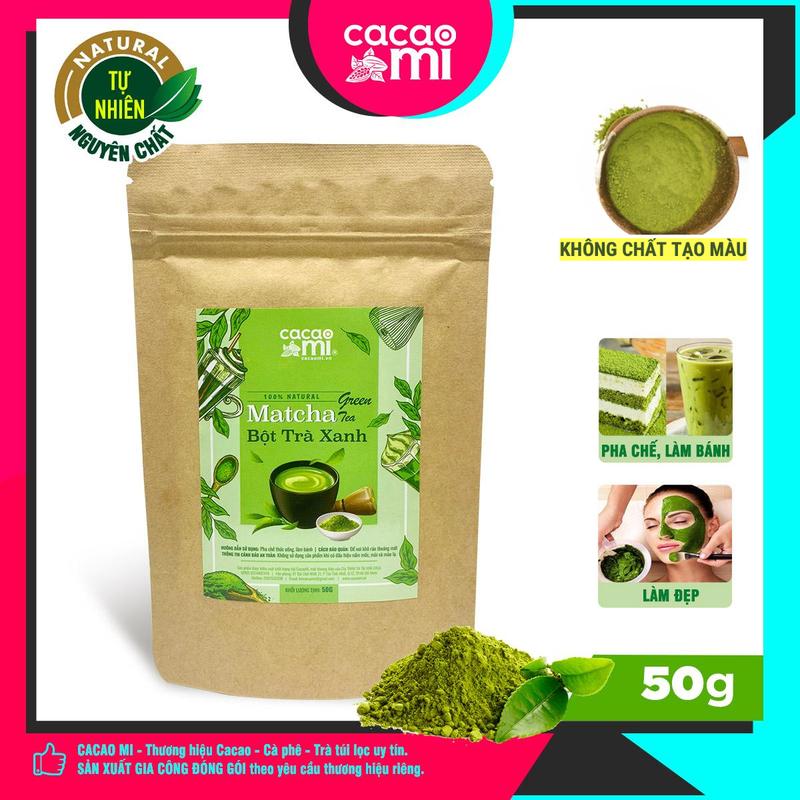 Bột Matcha Trà Xanh tự nhiên CACAO MI Green Tea nguyên chất, dùng pha chế thức uống, làm bánh, pha chế Cafe Socola , ăn chay dùng được - Túi 50g