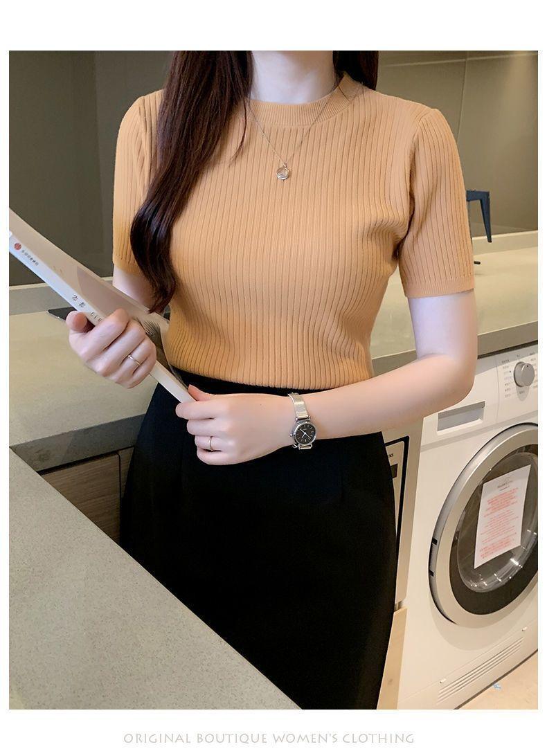 Product Introduction of Áo Dệt Kim, Dáng Ôm, Áo ngắn Tay, Áo Chui Đầu Nữ, Có Thể Mặc Bên Trong, Ngắn, Hàng Mới Về Mùa Hè 2024, Áo Sơ Mi Lớp Nền Cổ Tròn 14