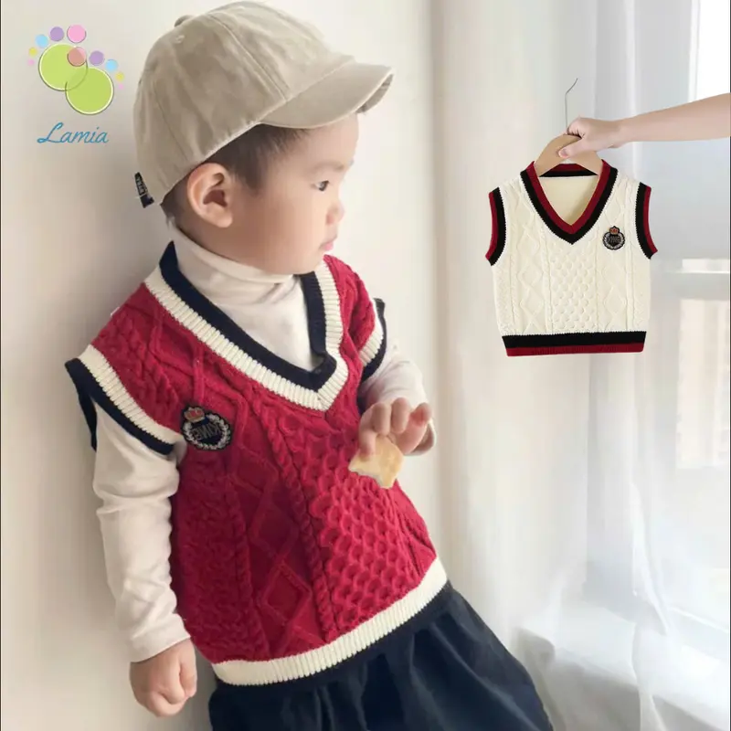 Áo gile len mịn huy hiệu đồng phục cho bé trai bé gái hàng Quảng Châ 0
