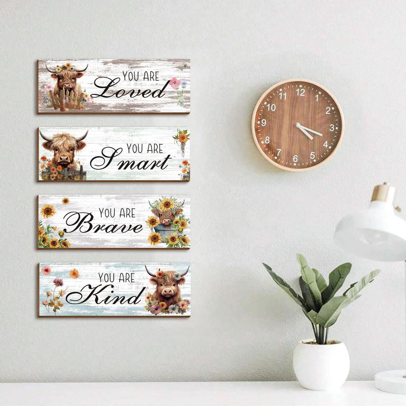Letter & Highland Cow & Flower Pattern Wooden Sign, 4pcs/set Rustic Farmhouse Wall Art Plaque, Wall Decor for Home Living Room Bedroom Bathroom Kitchen 5
