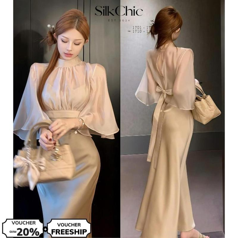 Set Đồ Nữ Áo Choàng Váy Lụa Dáng Dài SC675 Áo Cổ Tròn Tày Cánh Dơi Thắt Nơ Sau Lưng Sang Trọng Women Dress