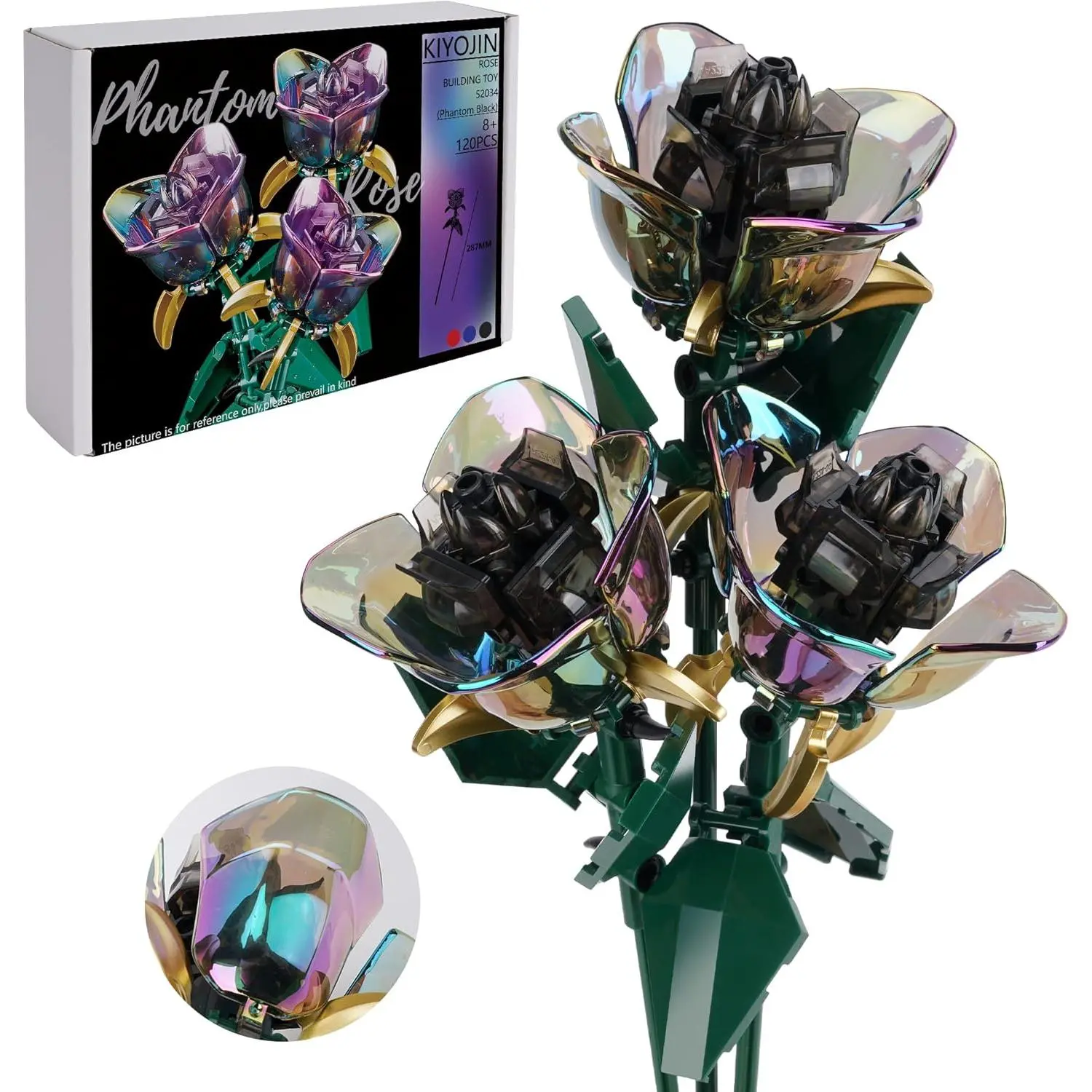 Rose Flower Bouquet Building Set,Botanical Collection Rainbow Artificial Plant Compatible with Lego Gift for Adult Home Decor(Black 120pcs)