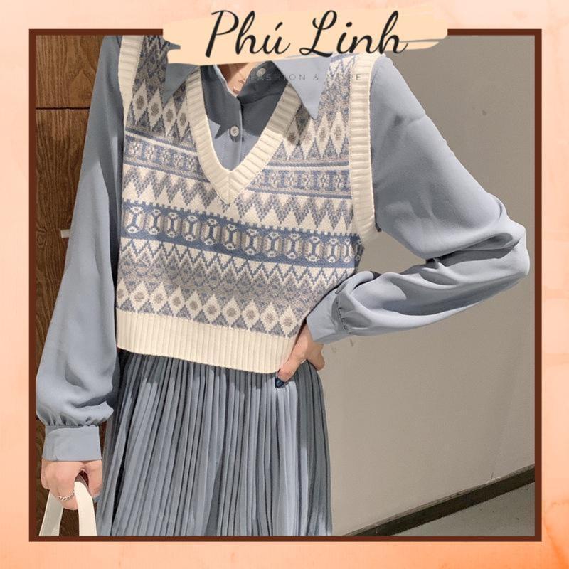 MS450 Áo gile len nữ cổ tim thổ cẩm Mềm Mịn Top