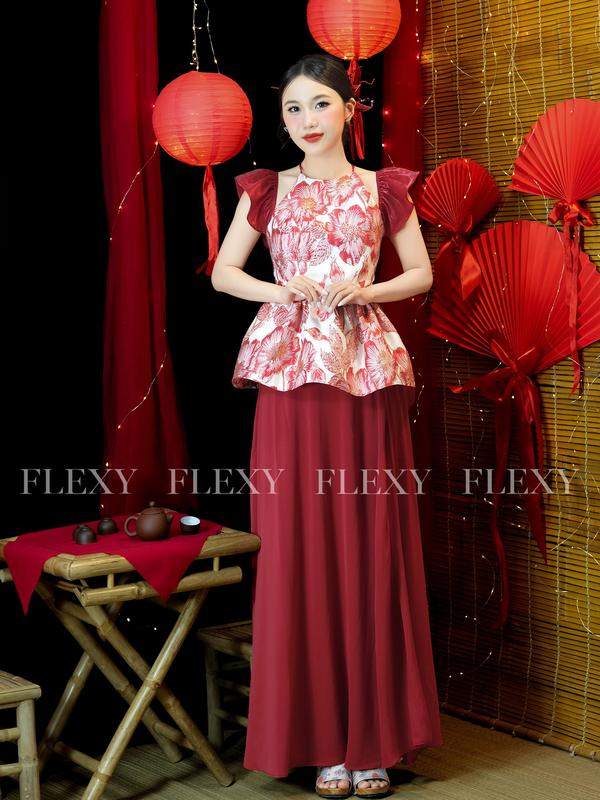 Áo yếm UYỂN CHÂU cánh tiên đỏ đô cùng chân váy hoặc quần - chất liệu tafta gấm - FLEXY thiết kế 6