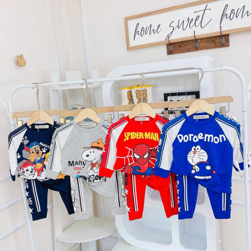 [Shin Kids] Dưới 1m25 (8-28kg) Dài Tay Thun Lạnh Minkey Baby In Hình Cún Dễ Thương Phối Viền Dáng Thể Thao  Dành Cho Bé.Đồ Bộ cho Bé,Đồ ngủ cho bé, đồ mặc nhà cho bé.