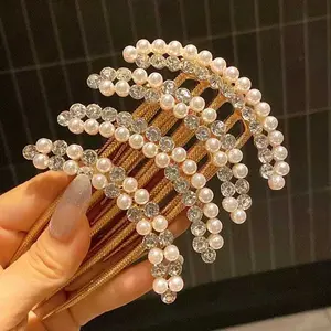 SHINESTATION - Sirkam Sanggul Impor Mutiara Permata Aksesoris Rambut Wanita untuk Pesta Warna Emas 5 Taring Tusuk Konde Pengantin Modern Alloy Diamonds Pearls Hair Comb