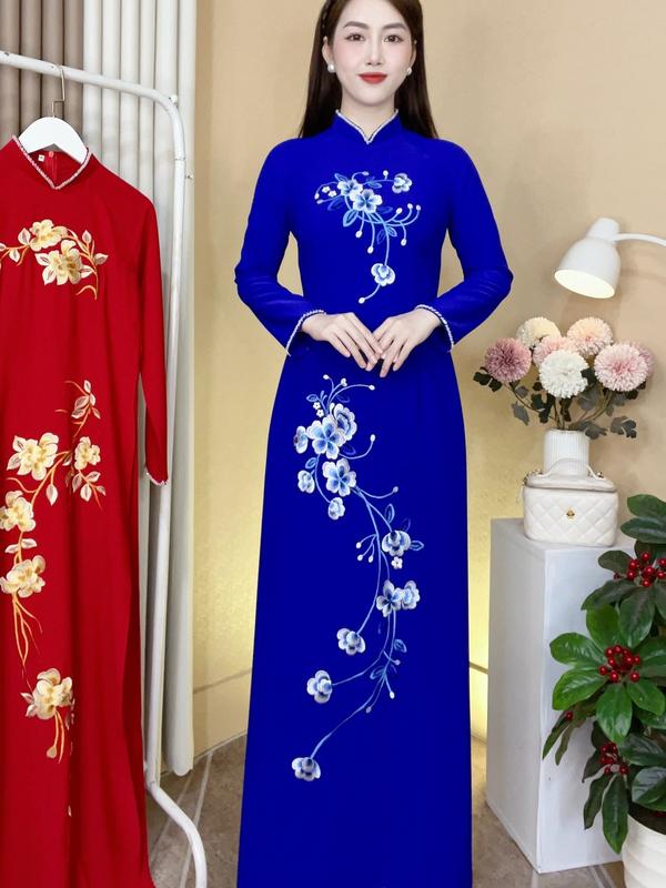 [A7] Áo Dài Lụa Mỹ Xanh Coban Thêu lắc tay thủ công cổ 3 phân tay dài [ A7] Nữ Voi