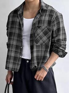 Men's Plaid Print Long Sleeve Crop Shirt, Regular Fit Casual Comfy Button Front Chest Pocket Design Collared Top for Daily Wear, Fashion Men's Clothes for All Seasons