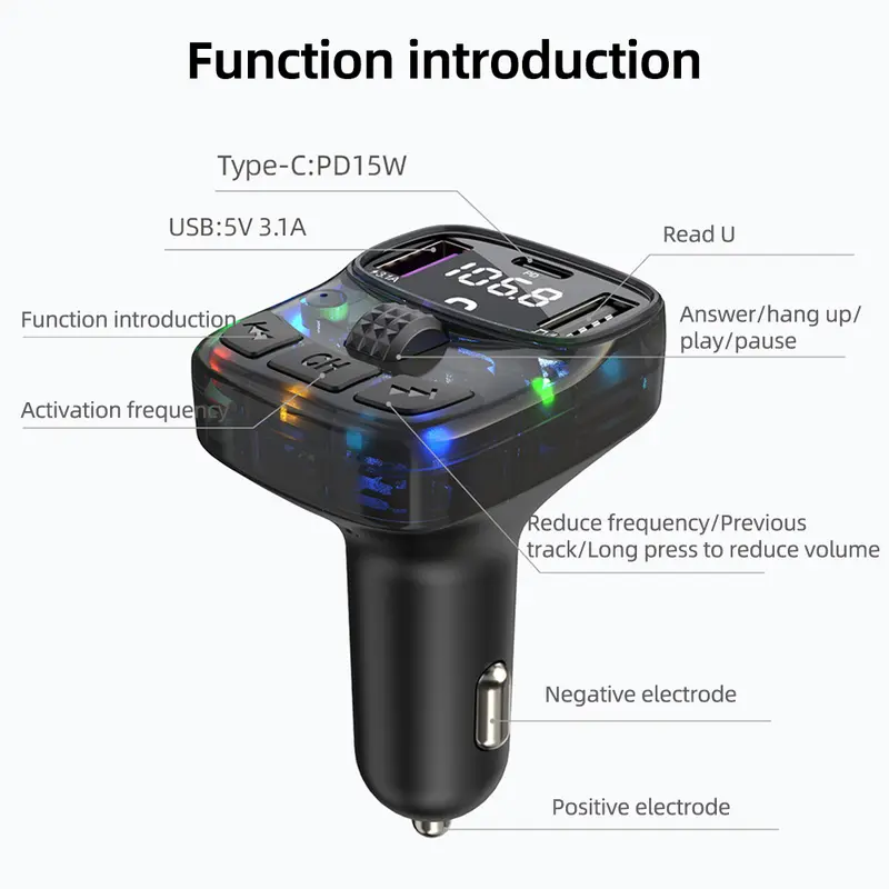Bluetooth trên ô tô, Bộ phát FM Bluetooth 5.3, Rảnh tay sạc, Bộ điều chế vô tuyến, Máy nghe nhạc MP3, với Bộ Chuyển Đổi sạc siêu nhanh PD15W, # 474909 6