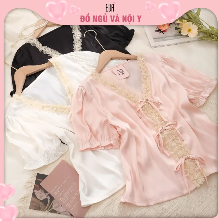 EVA Store - Bộ ngủ pyjama ngắn tay  PM2366 - 2 chất liệu lụa satin cổ phối tua rua dành cho Nữ 1 kích thước  - 2 màu sắc