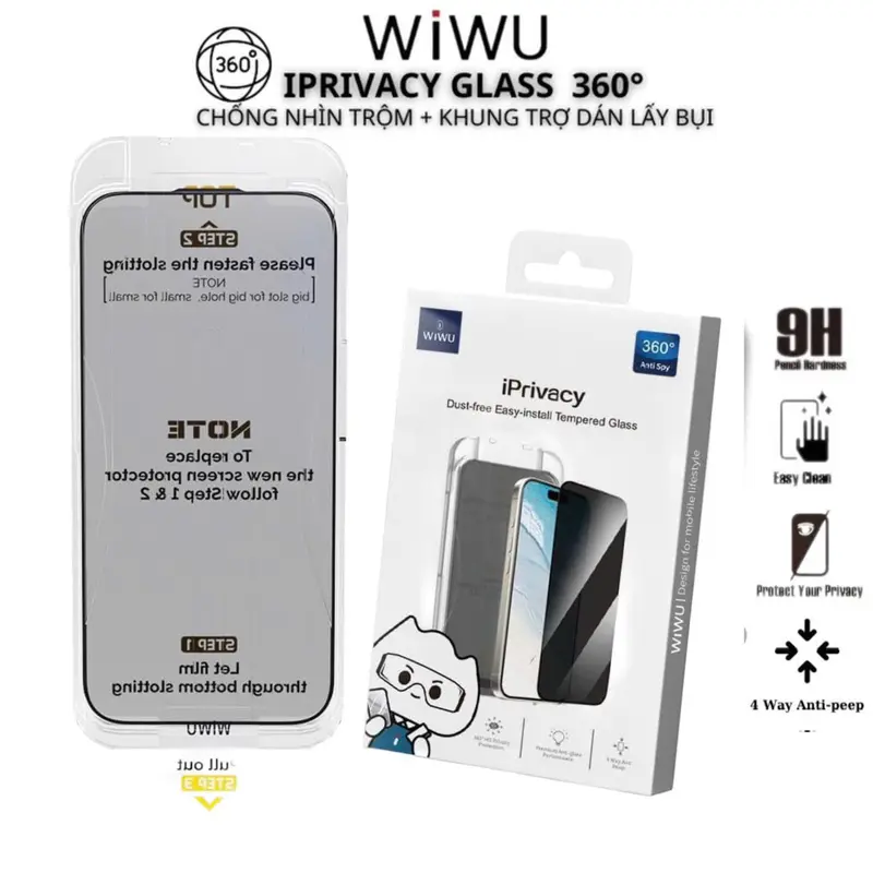[ 360°] Kính Cường Lực WIWU iPrivacy Chống Nhìn Trộm 4 Chiều Khung Trợ Dán Lấy Bụi iPhone 16 Pro Max / 15 Plus/ 14/13/12 0