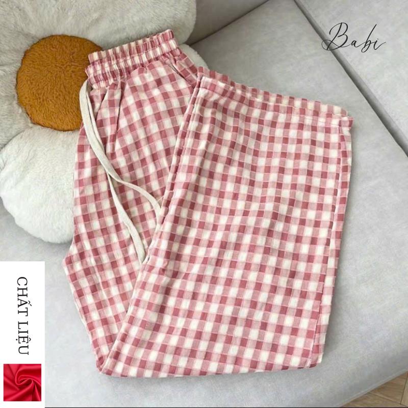 Quần kẻ caro ống rộng nữ cạp chun chất liệu đũi nhung mềm mát 0