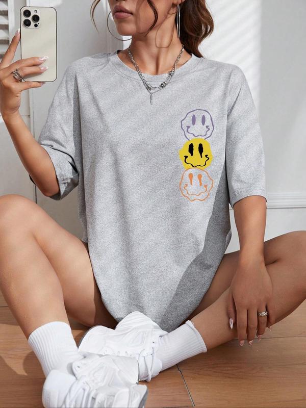 Women's Cartoon Face Print Drop Shoulder Tee, Casual Half Sleeve Round Neck T-shirt for Daily Wear, Ladies Clothes for All Seasons 2
