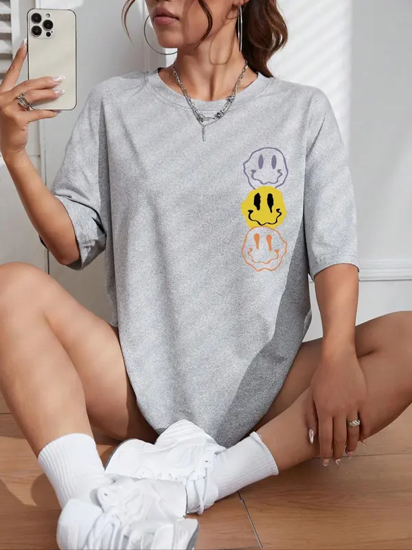 Women's Cartoon Face Print Drop Shoulder Tee, Casual Half Sleeve Round Neck T-shirt for Daily Wear, Ladies Clothes for All Seasons 2