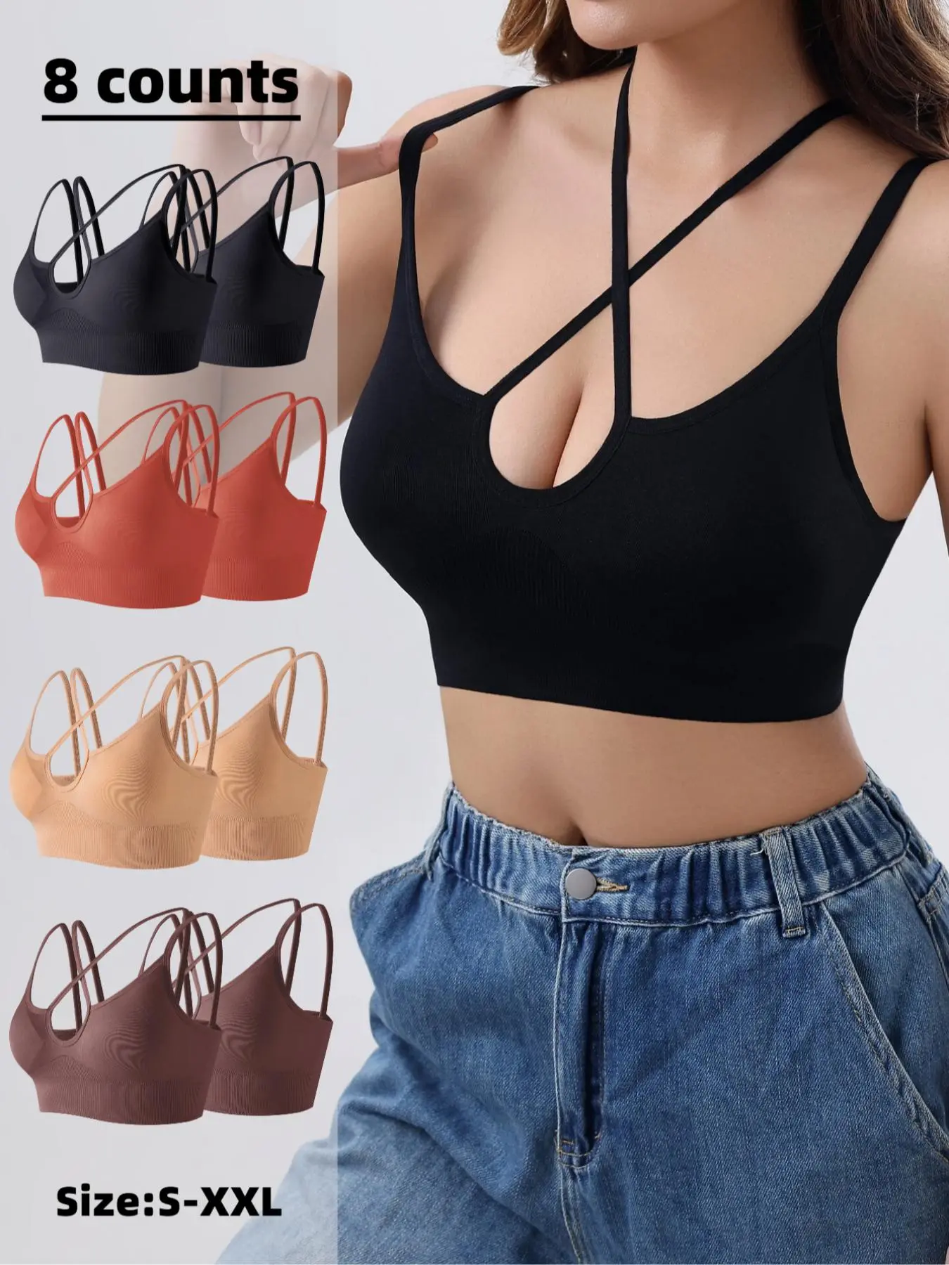 Women's Solid Color Criss Cross Wireless Bralette, Soft Comfortable Breathable Removable Padded Lingerie Top for Daily Wear, Lingerie for All Seasons