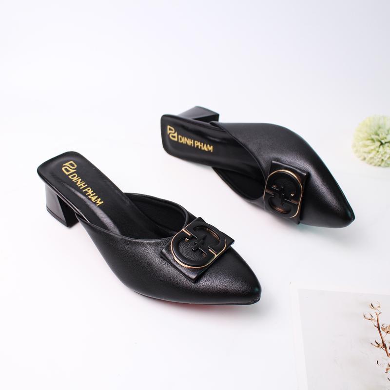 Giày nữ hở gót bít mũi đính nơ sang chảnh cao 3 phân, giày sục 3 phân màu đen, đế cao su mềm êm Mũi nhọn Mũi nhọn Không gót