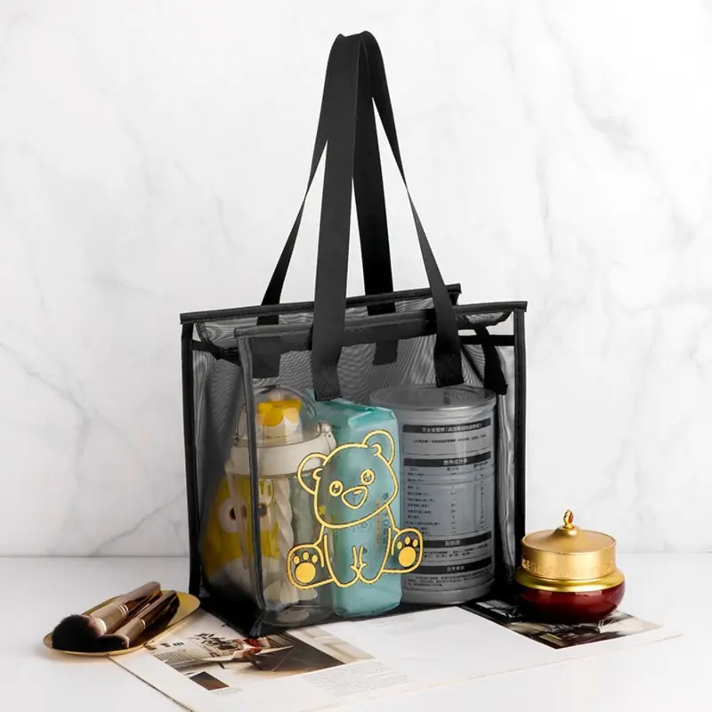 Túi Tote Đi Biển, Trong Suốt, Thời Trang, Làm Bằng Lưới Nylon, Thiết Kế Hoa Và Hoạt Hình, Túi Đựng Mỹ Phẩm Có Khóa Kéo, Túi Trong Suốt, Dành Cho Nữ 5