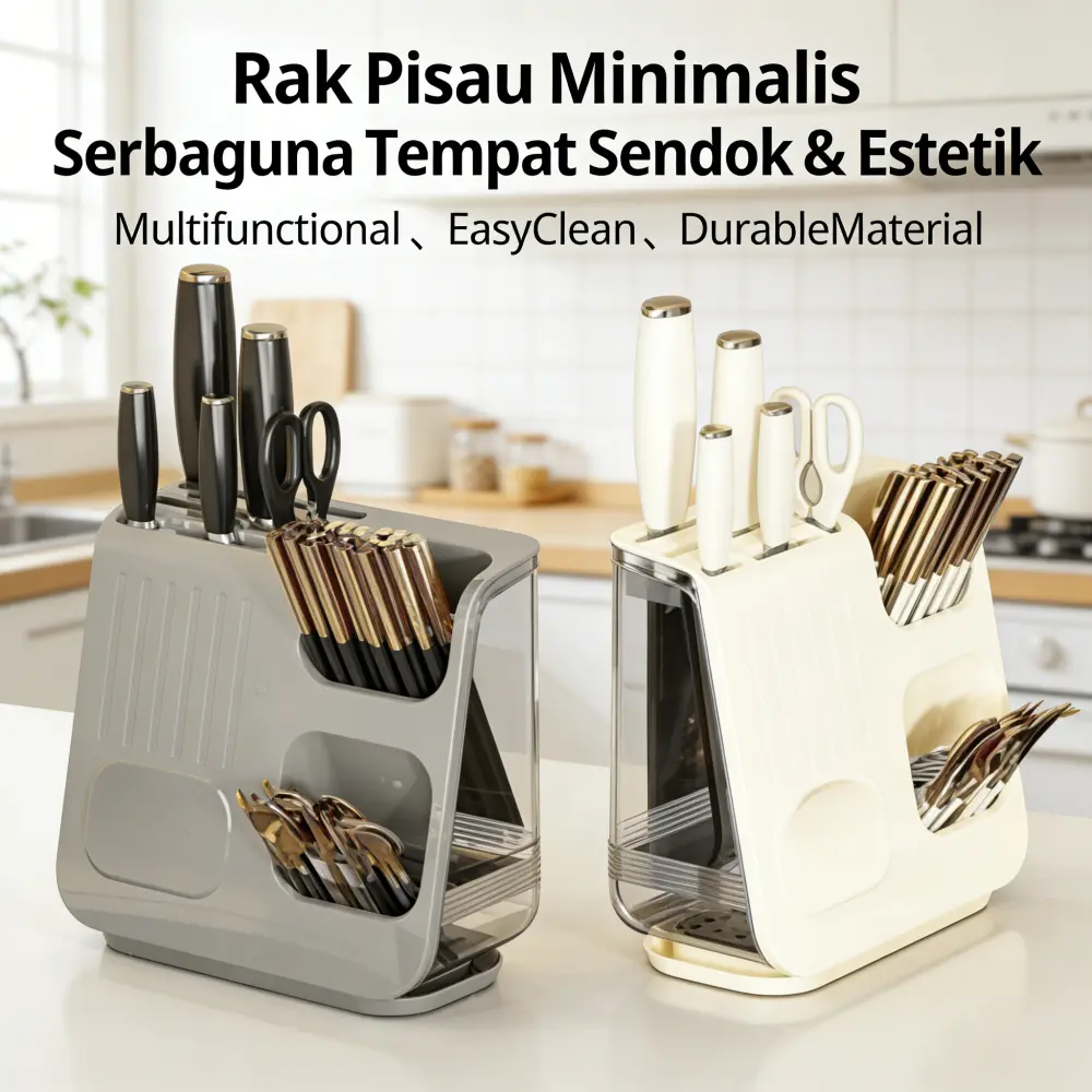 Peralatan dapur multifungsi 3-in-1, tempat sumpit & pisau 12 unit, pengering antiair, baki serbaguna 5 litr, rak antiselip meja 45x30 cm, serta storage portabel 20x15x30 cm untuk kesehatan makanan