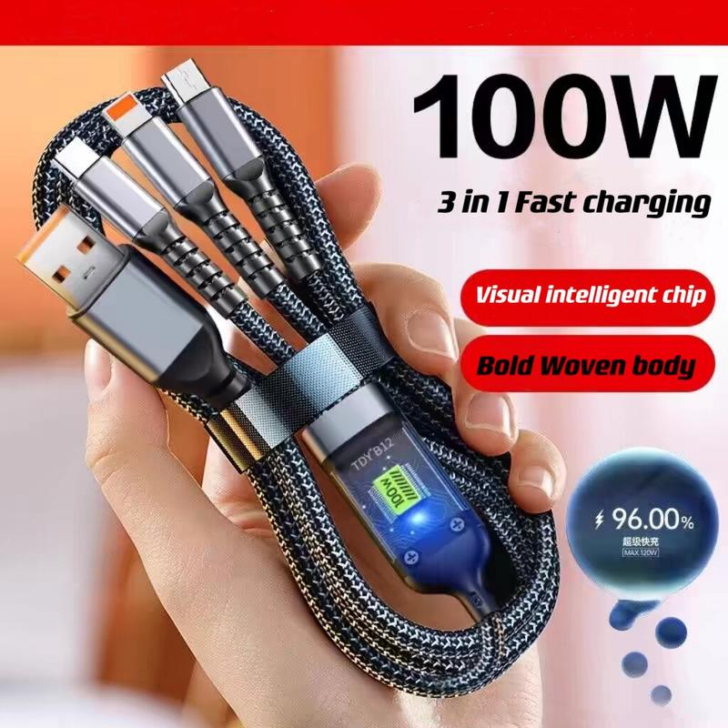 Cáp Sạc Siêu Nhanh, 100W, 3 trong 1, 6A, Micro USB và Type-C, Cáp dữ liệu Type-C, Tương thích với iPhone 15, 14, 11, Samsung và Huawei 1