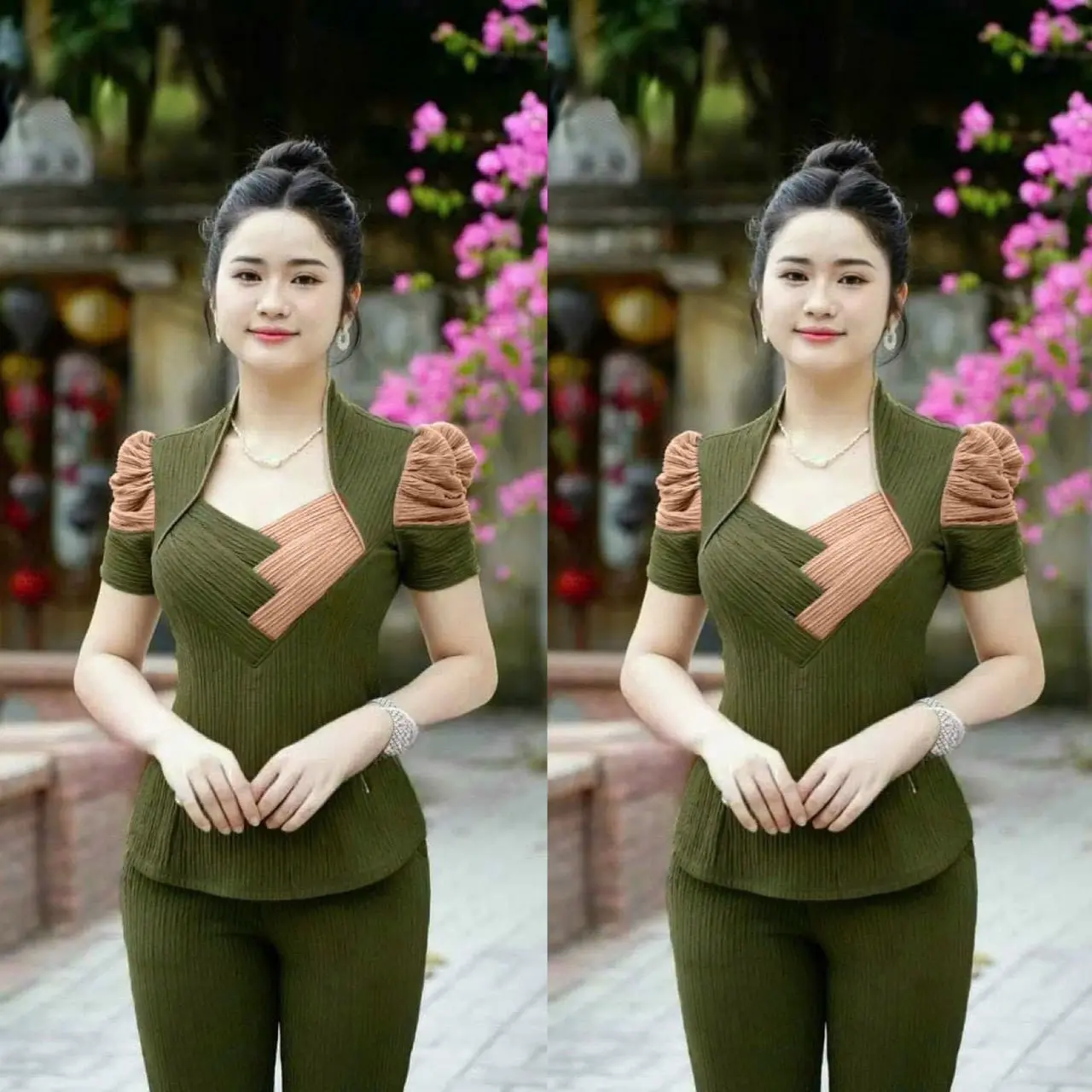 Mã X111: Thun xốp nhật áo phối hai màu đang chéo, quần ống ôm Nữ