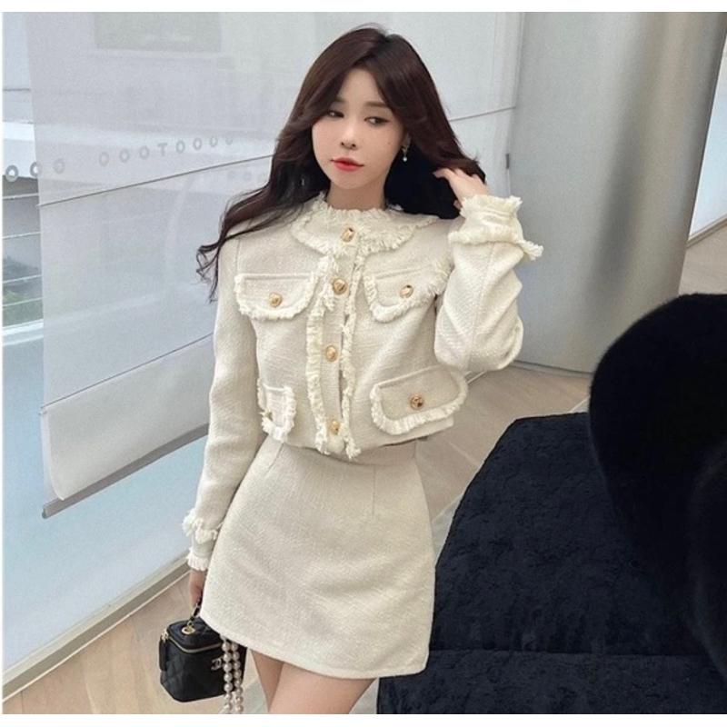 Váy Dạ Xinh Siêu Hot Hàng L1 Fom chuẩn - Áo Dạ Tua Rua Cúc Đồng Kèm Chân Váy Dạ Chữ A Dáng Ngắn Sang Chảnh 3