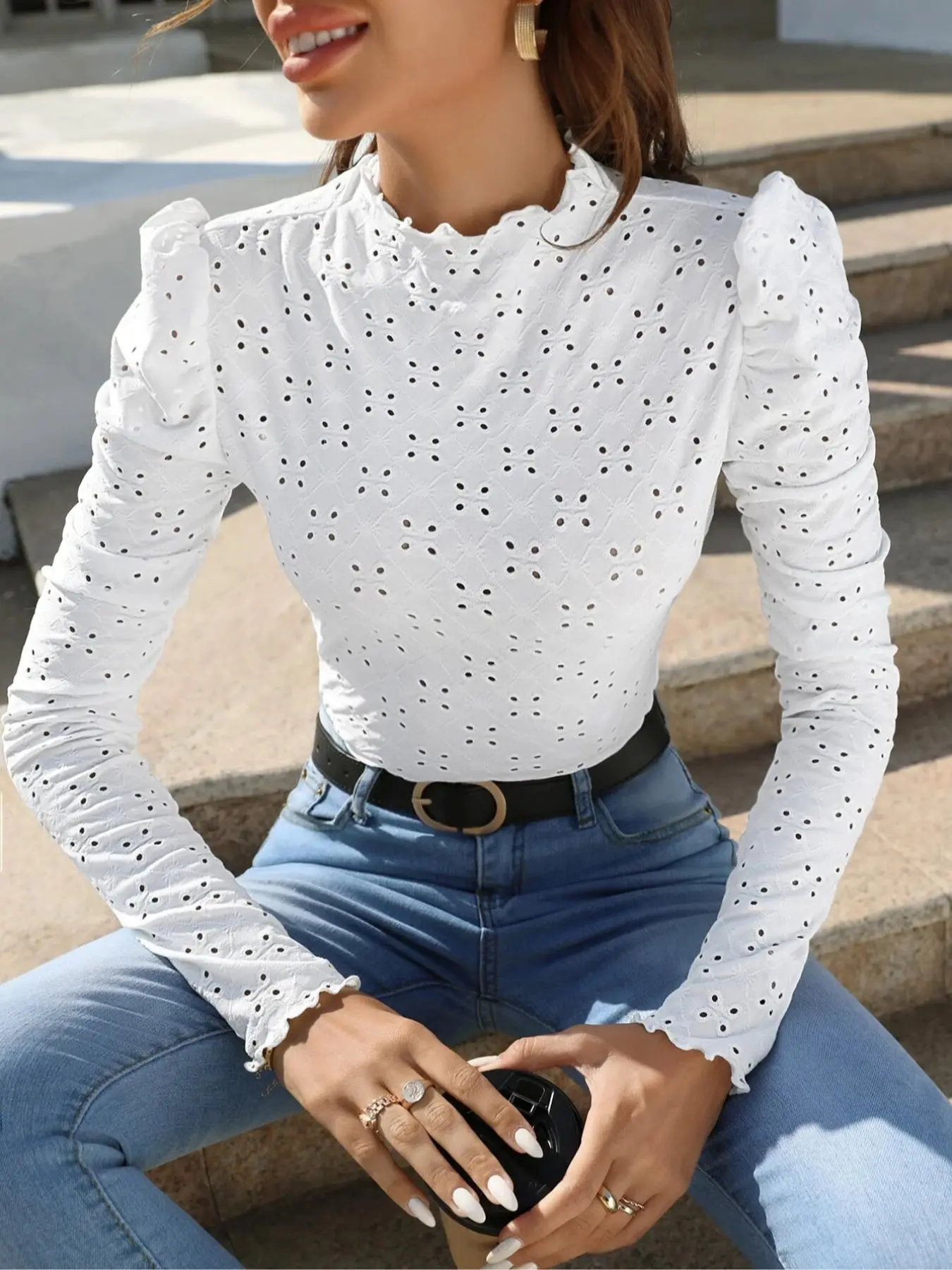 Women's Plain Eyelet Embroidery Lettuce Trim Puff Sleeve Tee, Elegant Mock Neck Long Sleeve Top for Spring & Fall, Women's Clothing for Daily Wear