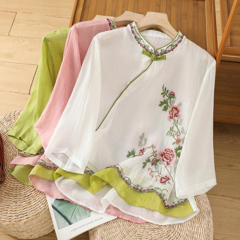 Baju Cheongsam, Kolar Serong, Gaya Cina, dengan Butang, Bahan Linen ...