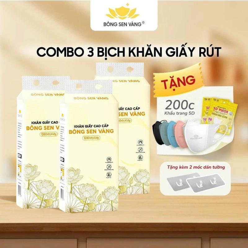 Combo 3 bịch khăn giấy rút Bao Bì Mới Tặng 200c Khẩu Trang 5D Bông Sen Vàng ( tặng kèm 2 móc dán treo tường) Giấy Vệ Sinh