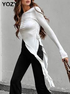 YOZY Women's Plain Ruched Asymmetrical Hem Tee, Casual Long Sleeve Round Neck T-shirt for Daily Wear, Ladies Clothes for All Seasons