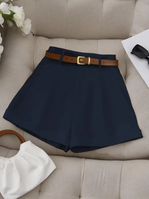 Women's Solid Color Belted A Line Shorts, Casual Fashion Fitted Shorts for Daily Wear, Ladies Bottoms for Summer, Womenswear, Chic Casual Shorts 5